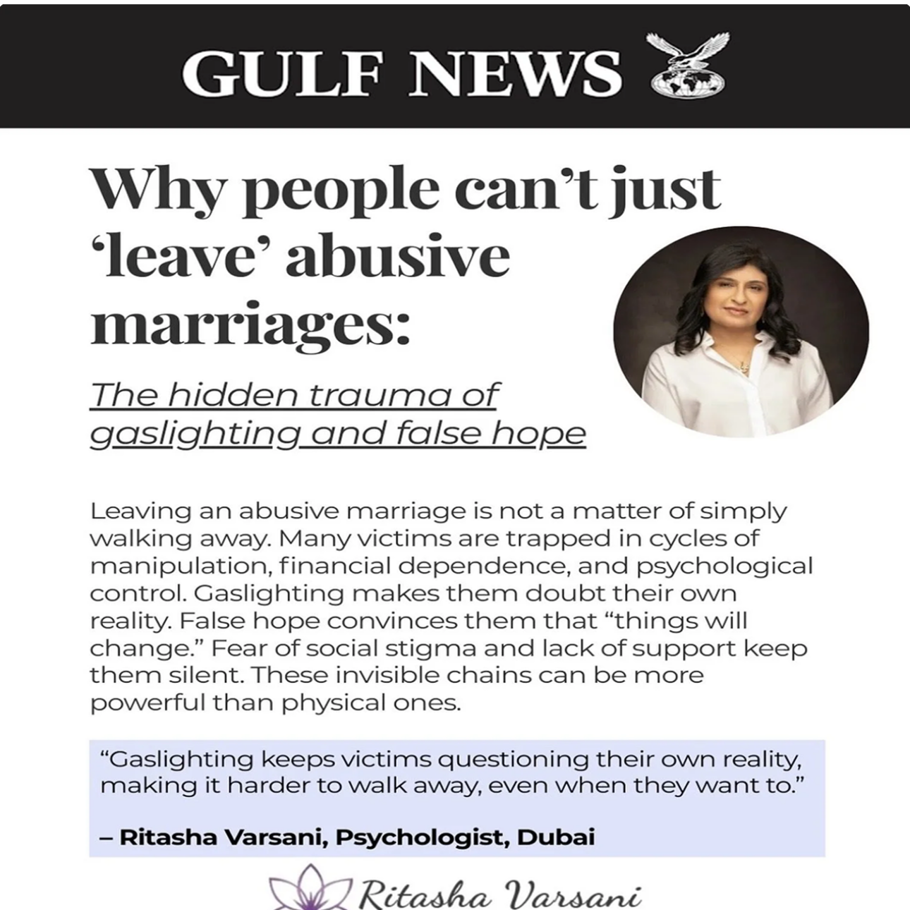Gulf News article featuring Ritasha Varsani