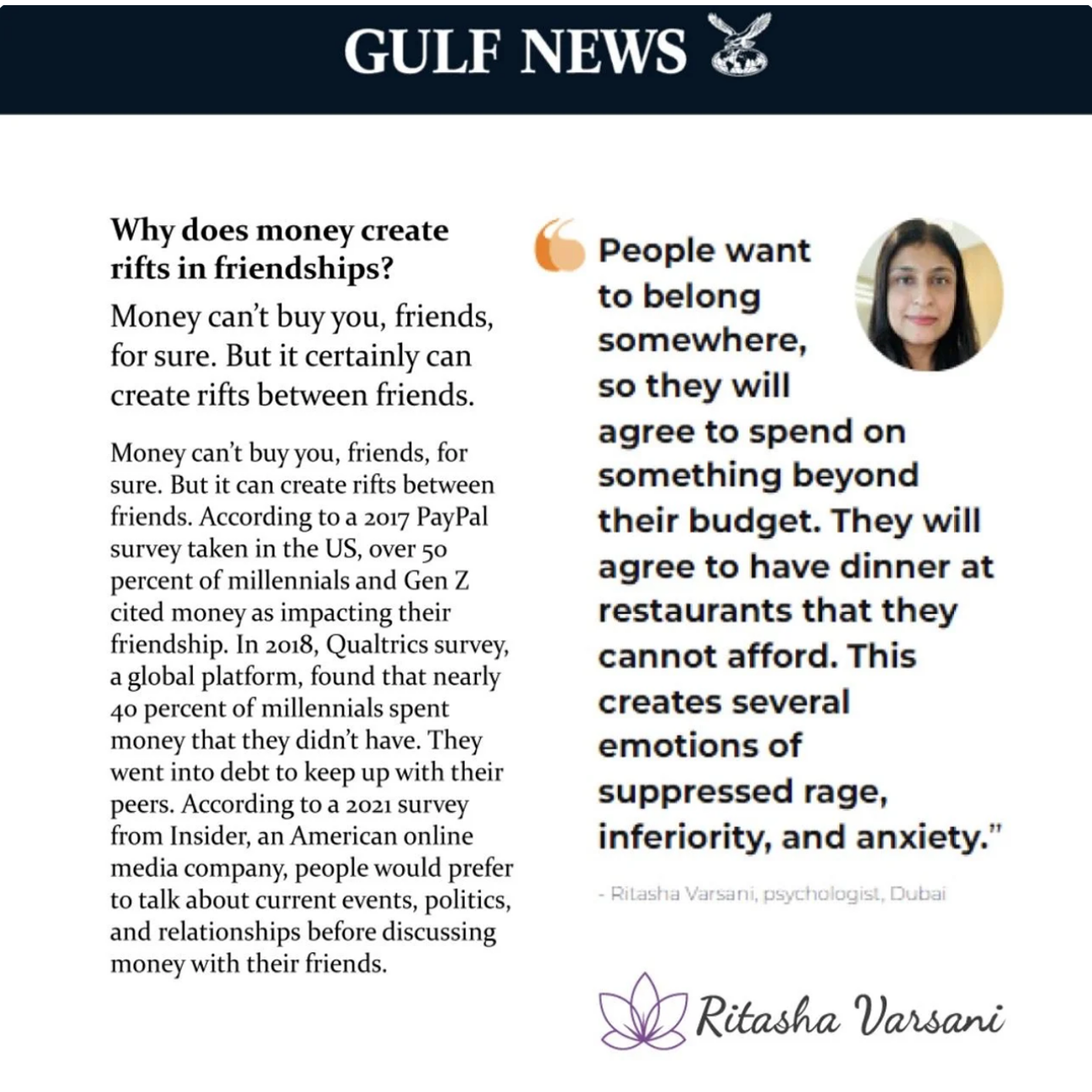 Gulf News feature quoting Ritasha Varsani